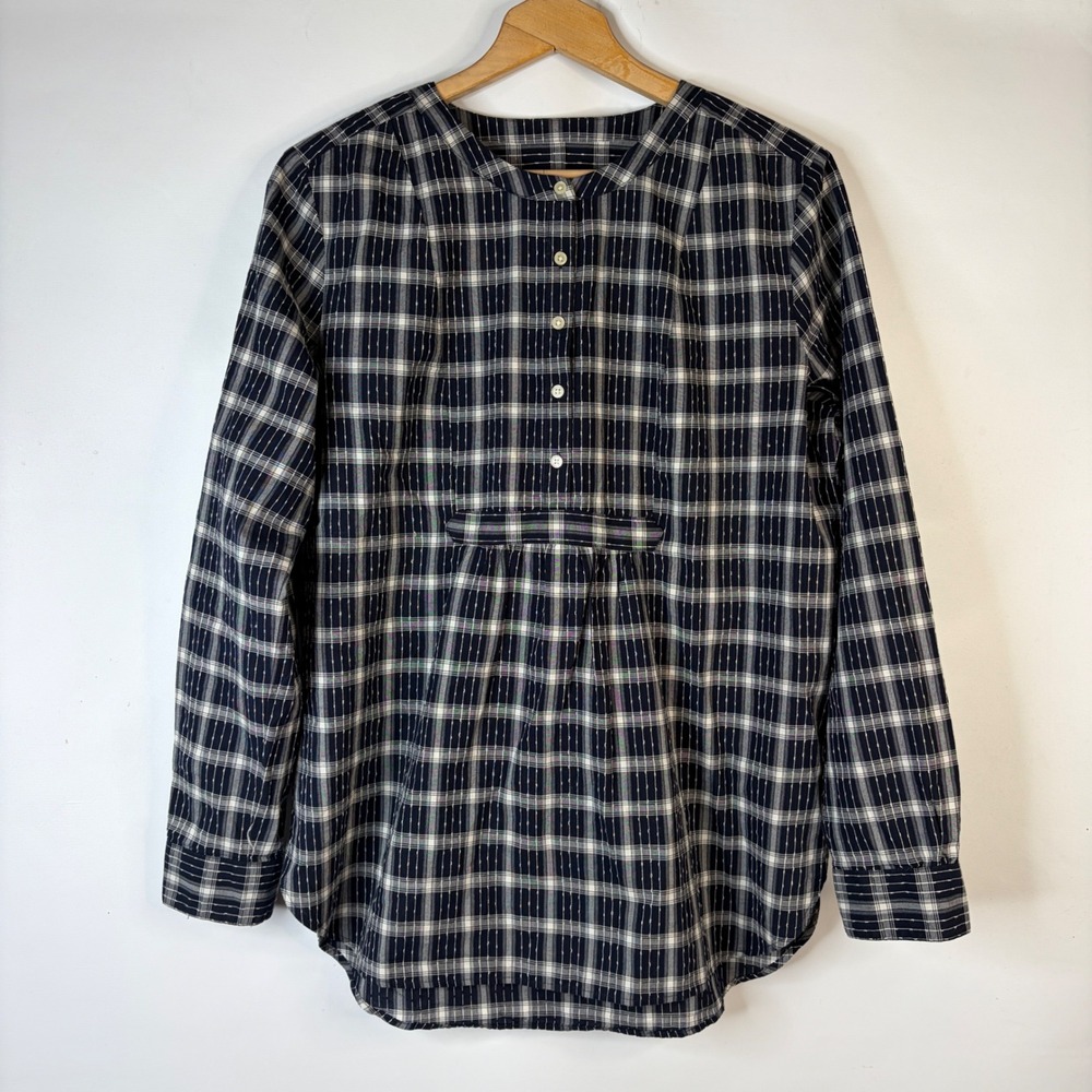 LOFT Blouse Women Large Navy Blue Plaid Dobby Stitch Long Sleeve Top